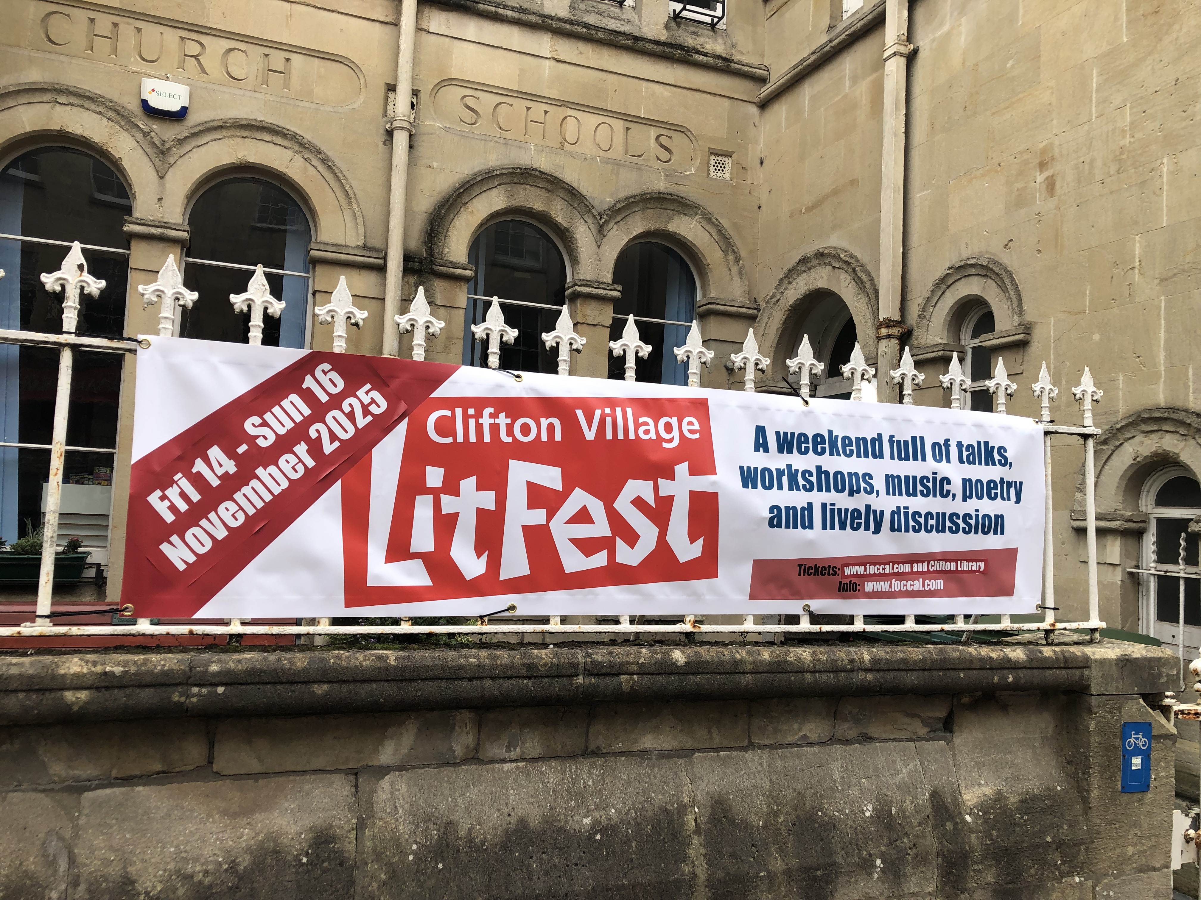Clifton Village LitFest banner outside Clifton Library, Friday 14 to Sunday 16 November 2025